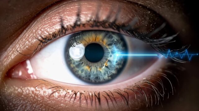 Intelligent Eye Scan: A close-up of a human eye with a digital scan overlay, symbolizing advanced technology and futuristic vision.