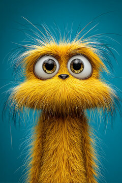 creature of ai, cute yellow furry alien with enormous eyes and long neck, studio portrait, teal, photorealistic