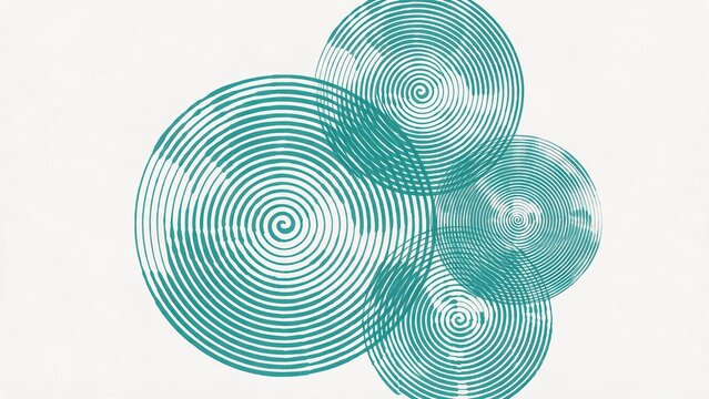 Abstract turquoise spiral circles on white background, modern geometric pattern with hypnotic rings, minimalist creative design texture