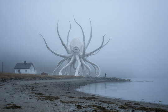 creature of ai, giant pale tentacled sea creature with one large eye on a foggy beach, silver, photorealistic