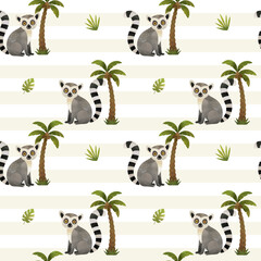 Watercolor lemur seamless pattern. Cute background with lemur and palm trees. Tropical jungle wallpaper © Hanna ArtLab