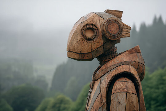 creature of ai, humanoid fish sculpture carved from wood against a foggy landscape, gray, photorealistic