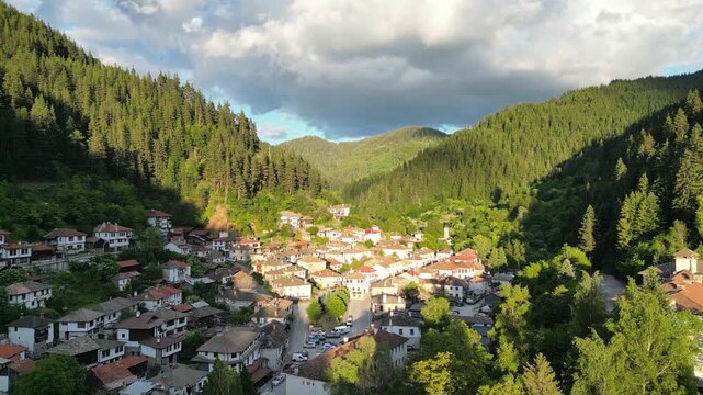 High Aerial View of Shiroka Laka Village and Rhodope Valley at Sunset