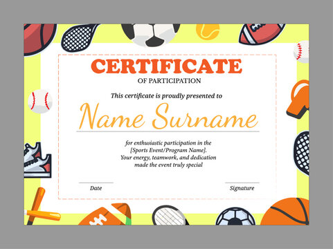 Kids sports participation certificate template with colorful border and playful design in landscape A4	