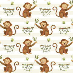 Naklejka premium Watercolor monkey seamless pattern. Cute background with monkey and liana. Hand painted animal print