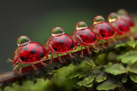creature of ai, row of tiny red ladybug-like creatures with water droplets on a mossy branch, charcoal, photorealistic