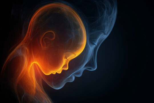 creature of ai, transparent glowing human fetus with long fingers curled inside a glass-like womb, black, photorealistic