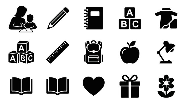 Education and Learning Icons: Teacher, Student, Books, ABC Blocks, School Supplies