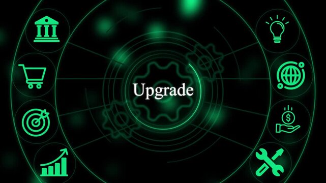 Digital interface showing the word upgrade surrounded by circular representing business growth and technical system management tools