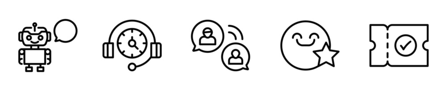 Set de iconos atenci&oacute;n al cliente chatbot soporte 24 horas 5 piezas outline vector