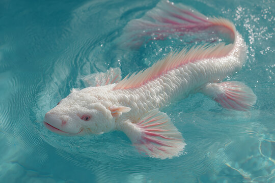 creature of ai, white-skinned albino merman fish swimming in turquoise water, teal gray, photorealistic