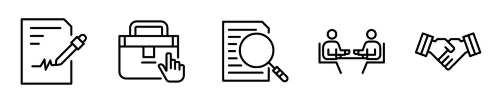 Set de iconos contrataci&oacute;n y onboarding reclutamiento entrevista 5 piezas outline vector