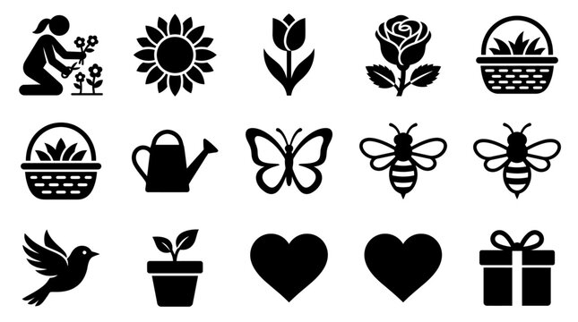 Spring Garden Icons: Gardening, Flowers, Bees, Butterfly, Bird, Heart, Gift