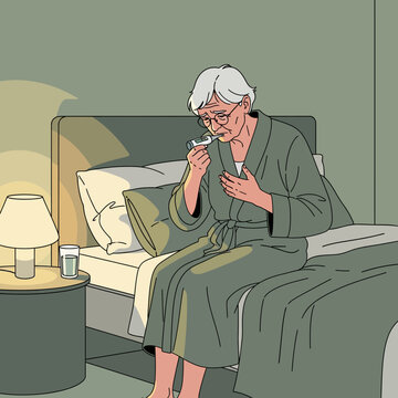 Elderly Woman Taking Medicine Feeling Unwell In Bedroom