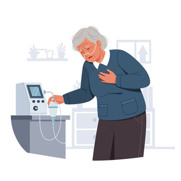 Elderly Woman Using Medical Device For Breathing Difficulties And Pain