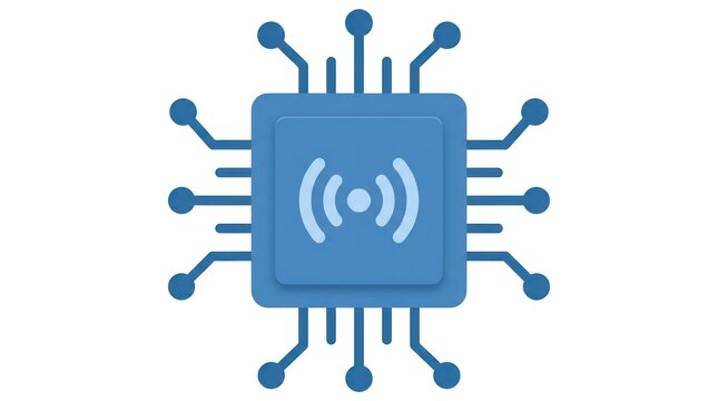 Digital circuit board chip with wireless signal icon innovation and technology concept