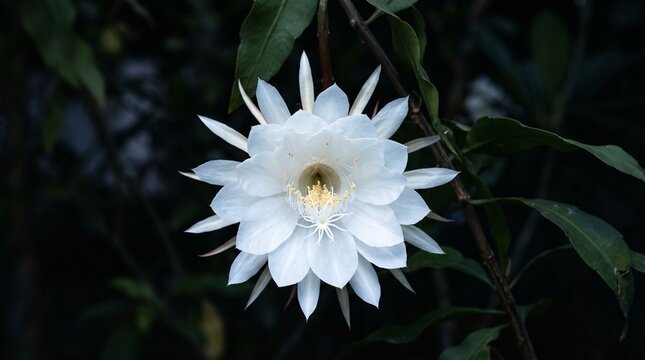 Foto jarak dekat bunga Night Blooming Cereus (Epiphyllum oxypetalum) berwarna putih yang langka juga dikenal sebagai Kadupul atau Queen of the Night yang sedang mekar di malam hari.