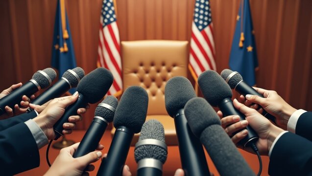 Multiple microphones held by journalists in front of an empty chair with American and state flags in the background, indicating a press conference setting