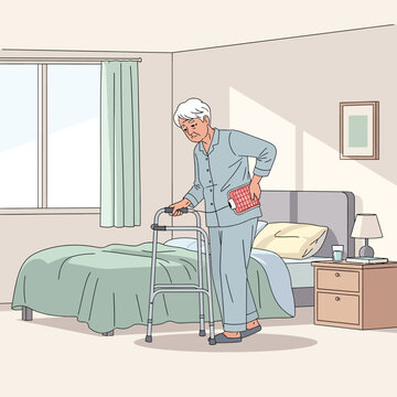 Elderly Woman Using Walker Next To Bed In A Bedroom