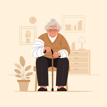 Elderly Woman With Arm In Sling Sitting On Chair In Living Room