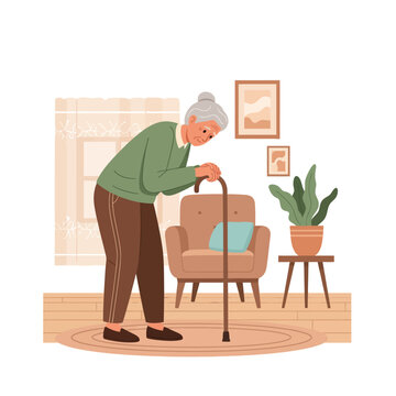 Elderly Woman With Cane Inside Cozy Living Room Interior