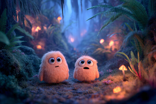 creatures of ai, two cute fluffy baby creatures with big eyes sitting in a fantasy forest, navy, photorealistic