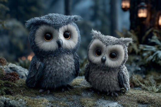 creatures of ai, two cute fluffy baby owls with big eyes sitting on a forest floor, charcoal, photorealistic