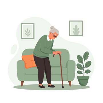 Elderly Woman With Cane Navigating Her Comfortable Living Room In A Peaceful Manner