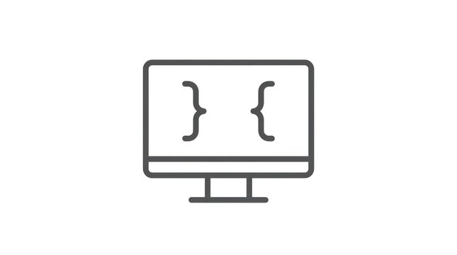 Simple line icon of a computer monitor displaying code brackets for programming concepts