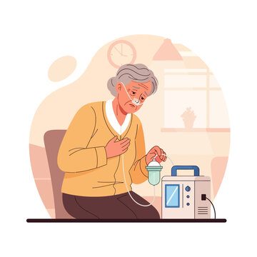 Elderly Woman With Nasal Cannula And Medical Device In Home Setting
