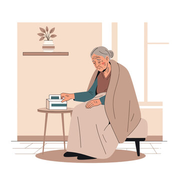 Elderly Woman Wrapped In Blanket Sitting On Stool Looking At Books