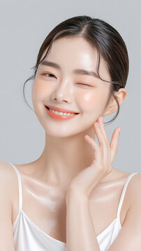 Close up beauty portrait of charming young Korean woman with dimples smiling warmly showing smooth glass skin and natural makeup on light background