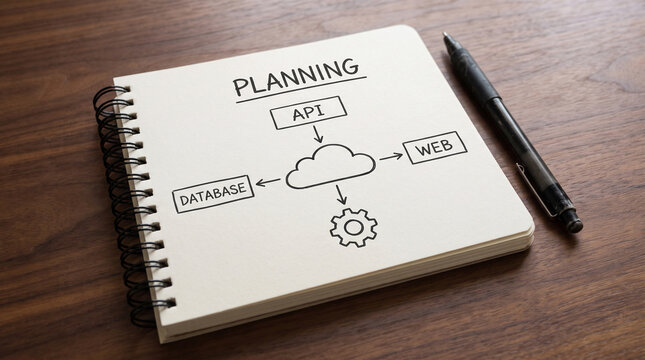Hand drawn software architecture diagram illustrating cloud api database and web connections on white paper notebook