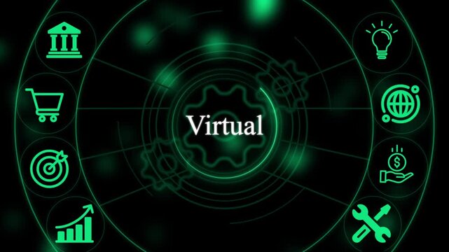 Digital interface with green glowing arranged in a circular pattern around the central word virtual on a dark background with gear shapes