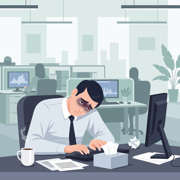 Exhausted Businessman Drained From Overwork Suffering Burnout In Modern Office Setting