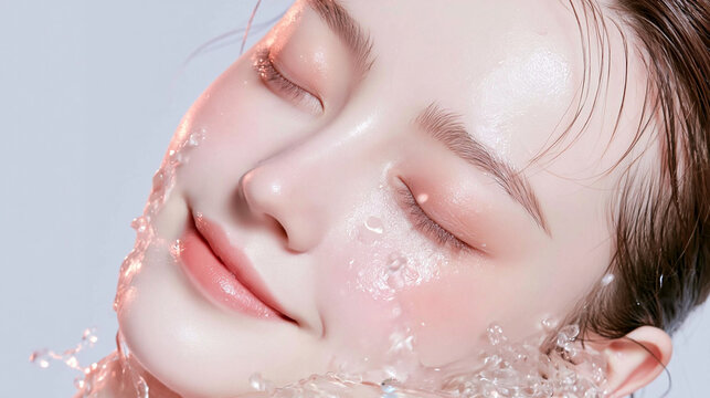 Extreme close up portrait of young woman face with closed eyes splashing water drops for wet skin hydration cosmetic product facial skincare advertising campaign.