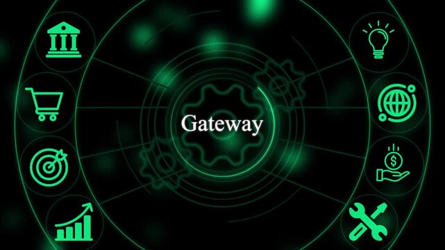 Digital interface with green glowing arranged in a circular pattern around the central word gateway on a dark background with gear shapes