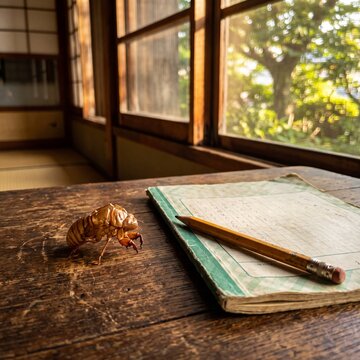 Cicada Shell and Summer Homework Notebook on Wooden Desk