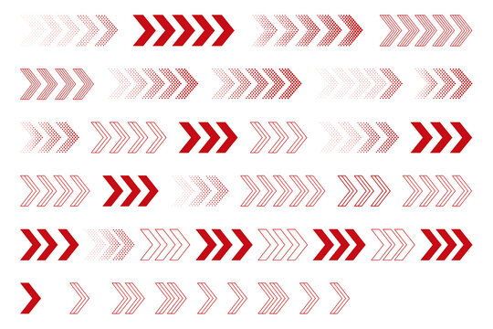 Collection of red arrow symbols and graphic design patterns with direction collection pointing pointers navigation abstract geometric stylized elements creative