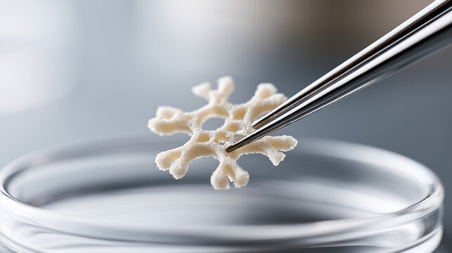 Close up on a scientist holding a 3D bioprinted tissue scaffold with tweezers in a laboratory.