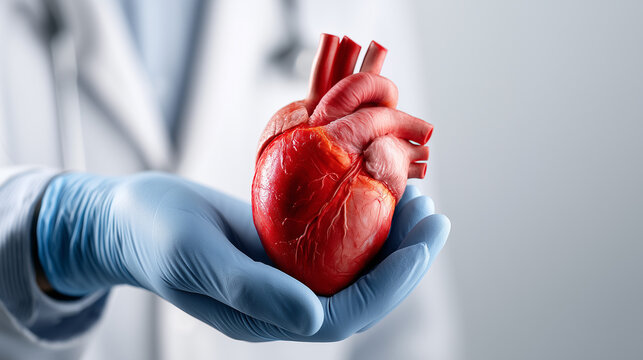 Gloved hand of a doctor holding realistic human heart model representing organ transplantation and cardiology research.