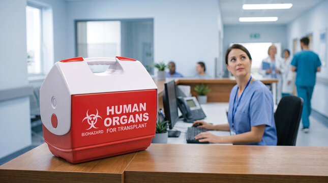 Organ transplant cooler box labeled Human Organs for Transplant resting on a hospital reception desk with medical personnel in the background.