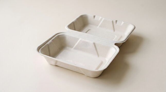 Open empty biodegradable sugarcane food container on white background, eco friendly takeaway box for sustainable dining and green business.