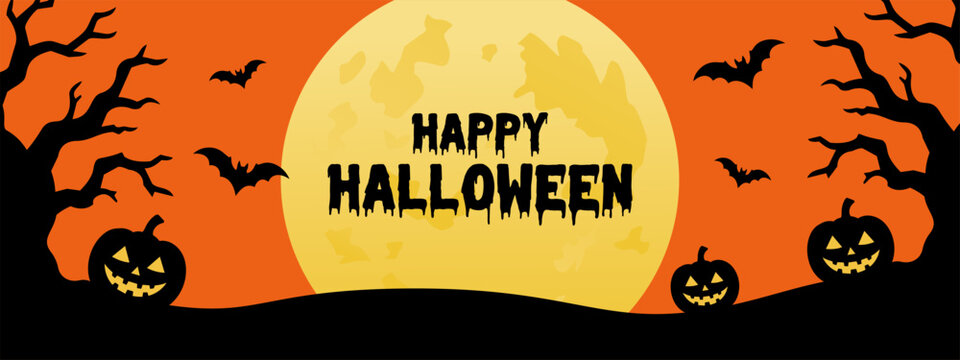 Happy Halloween banner with spooky pumpkins, flying bats, twisted trees and glowing full moon. Festive seasonal background with creepy typography and copy space