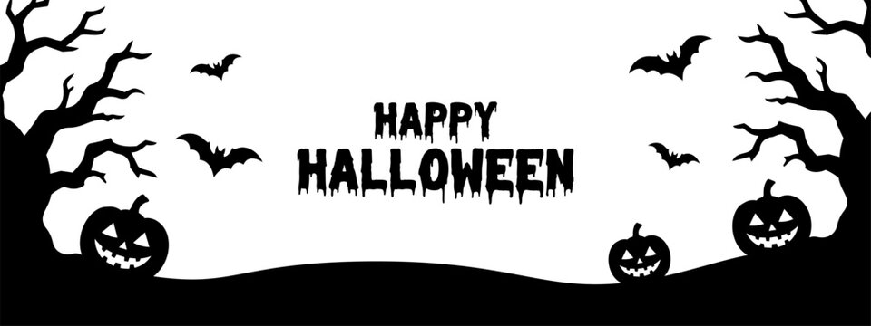 Happy Halloween banner with spooky pumpkins, twisted trees and flying bats in a minimalist silhouette style. Creepy seasonal background for invitations and party designs