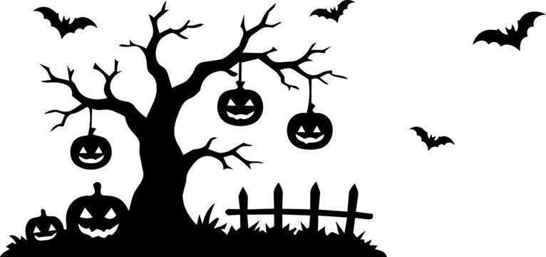 Halloween silhouette scene with spooky tree, hanging pumpkins, flying bats and fence on transparent background for banners, invitations, posters and party decorations