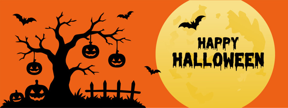 Happy Halloween banner with hanging pumpkins, spooky tree, flying bats, fence and glowing full moon on orange background for invitations, posters and party decor