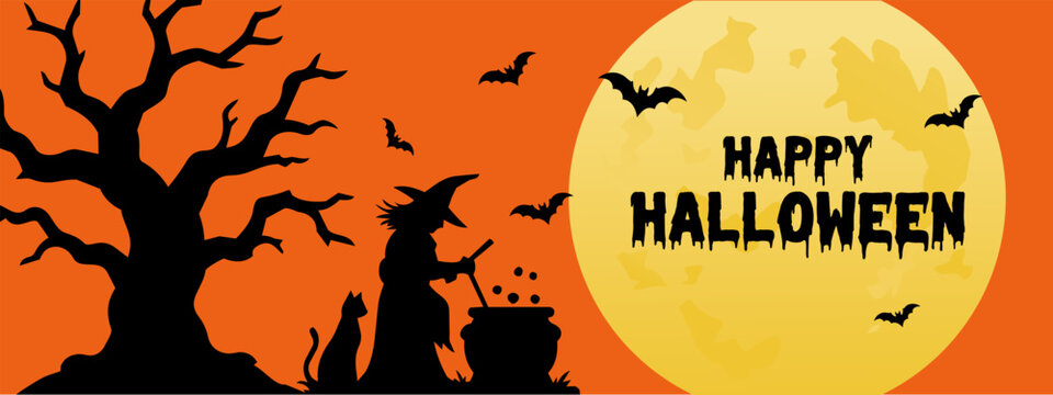 Happy Halloween banner with spooky witch brewing a magic potion, black cat, flying bats, twisted tree and glowing full moon. Festive seasonal design for invitations and posters