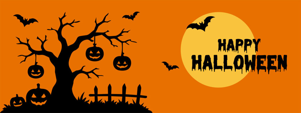 Happy Halloween banner with hanging pumpkins, spooky tree, flying bats, full moon and fence on orange background for invitations, posters and party decorations