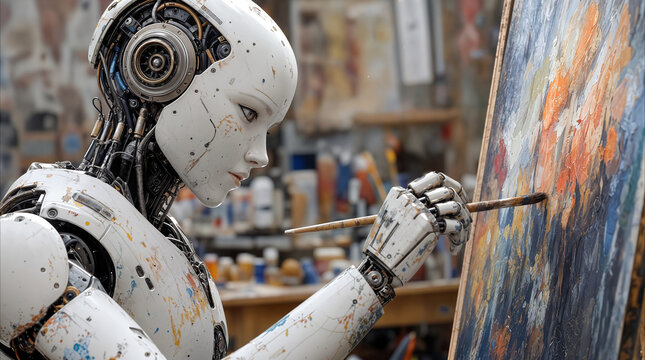 White humanoid robot painting on canvas in artist studio. Artificial intelligence creating impressionist art in cluttered workshop.